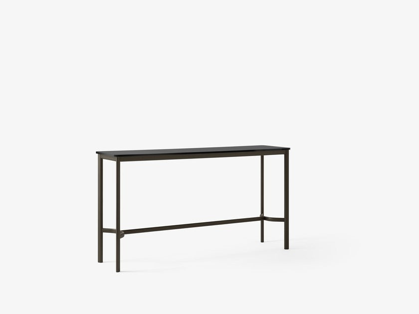 Mesa bar &Tradition Drip HW63 con estructura de aluminio negro y superficie de linóleo, diseño minimalista de Hee Welling; Drip Bar Table HW63 — Drip HW63_Bronzed w. Black Fenix Nano Laminate (0720)_front view; Drip Bar Table HW63 — Drip HW63_Black w. Black Fenix Nano Laminate (0720); Drip Bar Table HW63 — Drip HW63_Bronzed w. Black Fenix Nano Laminate (0720)