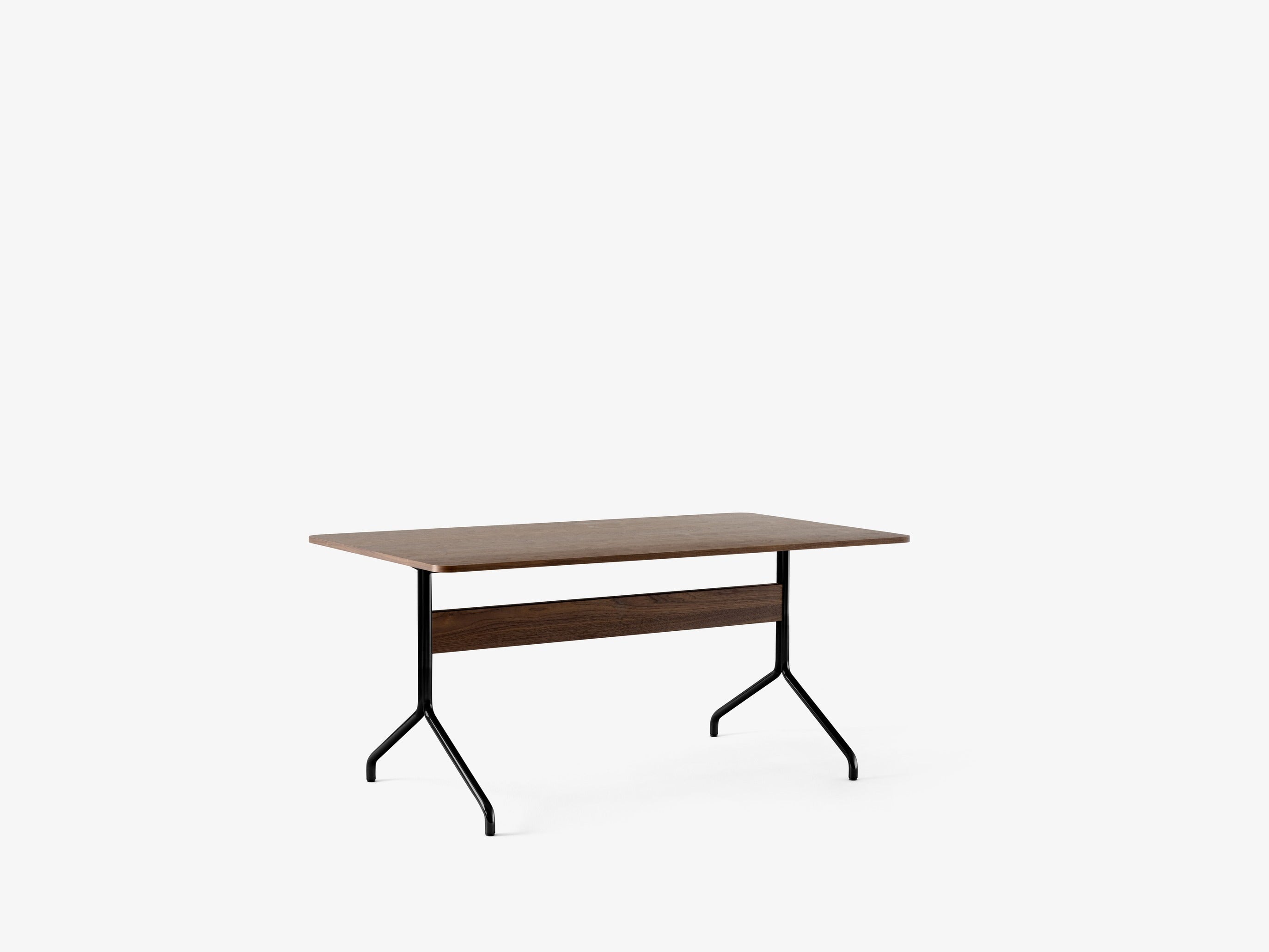 Mesa comedor &Tradition Pavilion AV18 con tablero de chapa natural y patas de acero, diseño minimalista nórdico por Anderssen; Pavilion Dining Table AV18 — Pavilion AV18_Laquered Walnut w. Black base &amp; Cable management Silver_Detail; Pavilion Dining Table AV18 — Pavilion AV18_Lacquered Walnut  w. Chrome; Pavilion Dining Table AV18 — Pavilion AV18_Black Lacquered Oak w. Black; Pavilion Dining Table AV18 — Pavilion AV18_Lacquered Walnut  w. Black