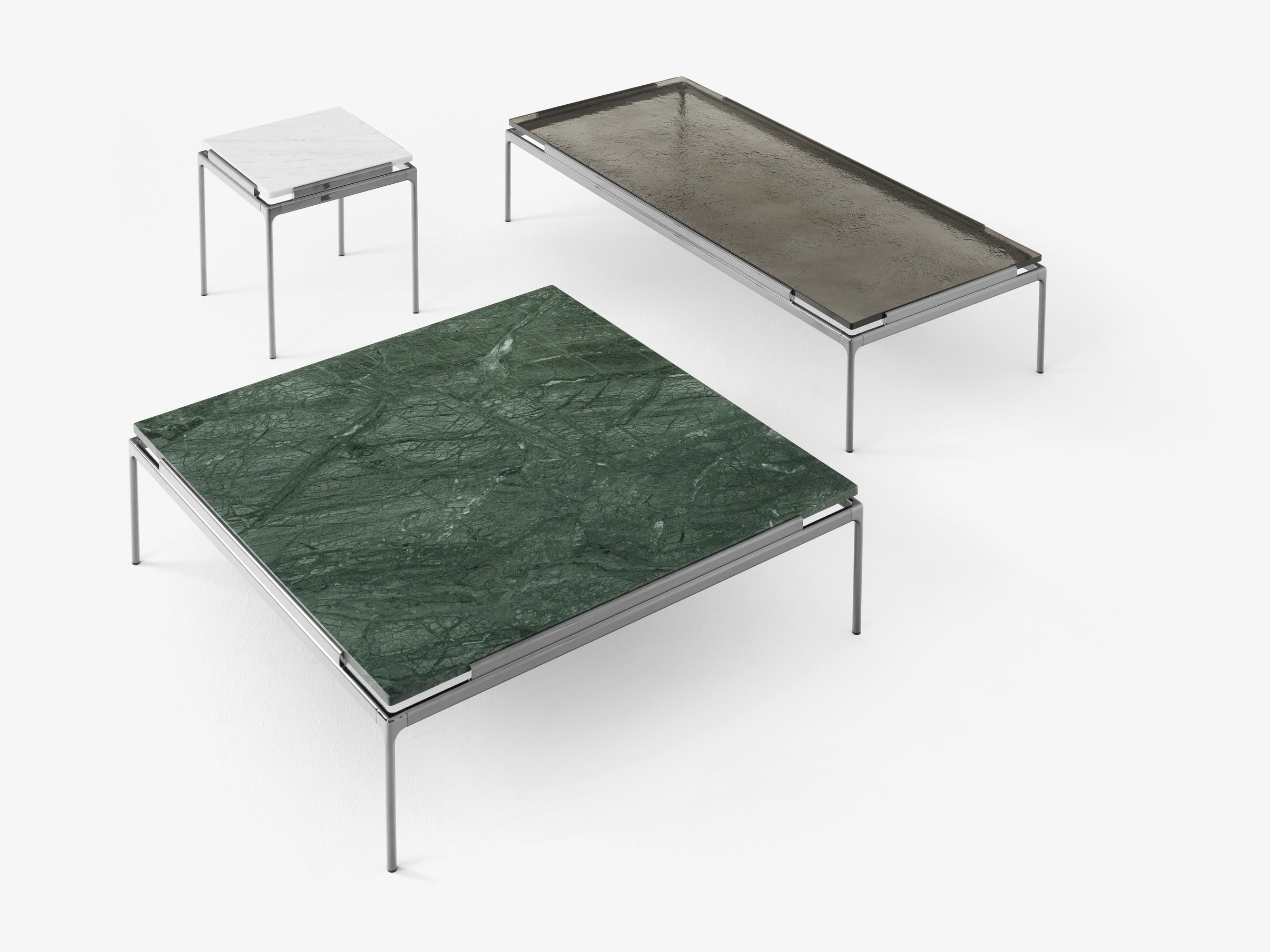Sett Coffee Table LN13 — Sett LN13_Verde Guatemala Marble w. Dark Chrome_Sett LN12_Smoked cast glass w. Dark Chrome_Sett LN11 Bianco Carrera Marble w. Dark Chrome_Top