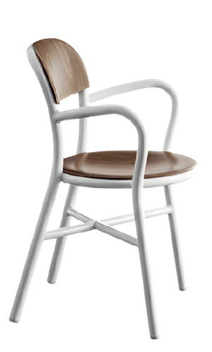 Silla Pipe blanca con asiento y respaldo de haya natural clara con apoyabrazos